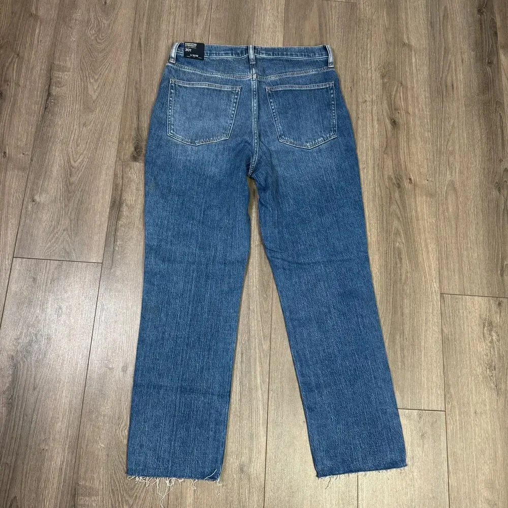 J.Crew Tall Essential Straight Jeans WMNS 30T Blue Denim Raw Hem All Day Stretch